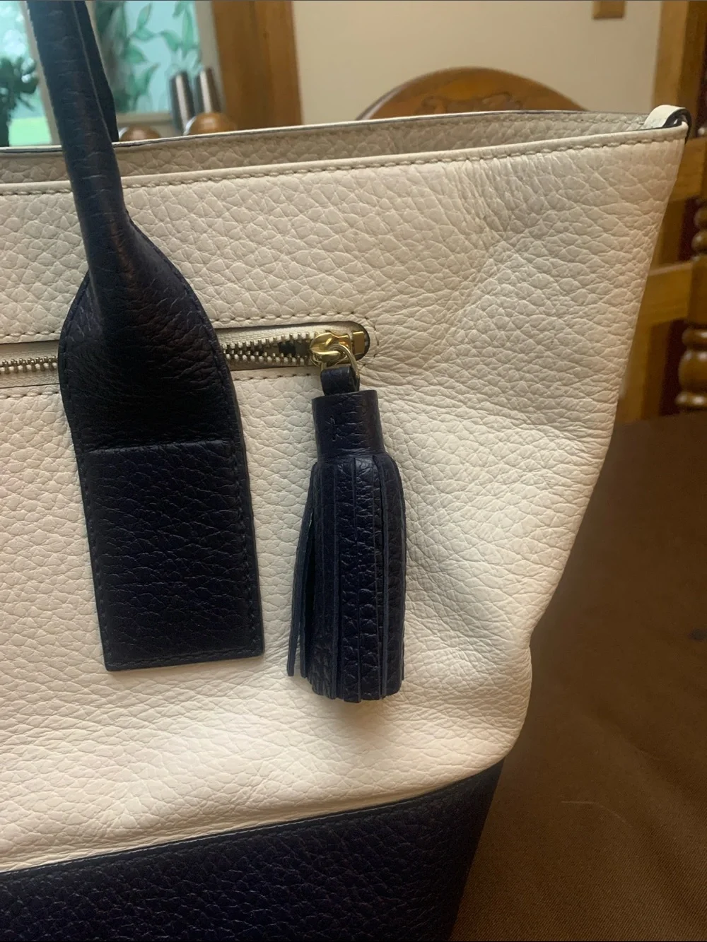 kate spade White and Navy Leather Tote with Tassel